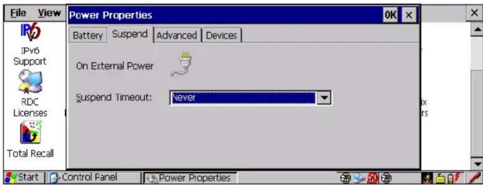 File View Power Properties Battery Suspend Advanced Devices On External Power Suspend Timeout: Never Start Control Panel Power Properties