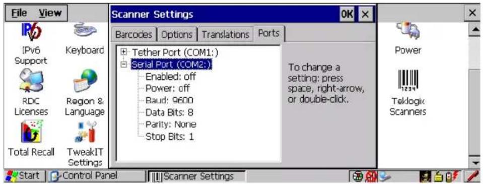 File View Scanner Settings Barcodes Options Translations Ports IPv6 Keyboard Support RDC Region & Licenses Language Total Recall TweakIT Settings Tether Port (COM1:) Serial Port (COM2:) Enabled: off Power: off Baud: 9600 Data Bits: 8 Parity: None Stop Bits: 1 To change a setting: press space, right-arrow, or double-click. Power Teklogix Scanners Start Control Panel Scanner Settings