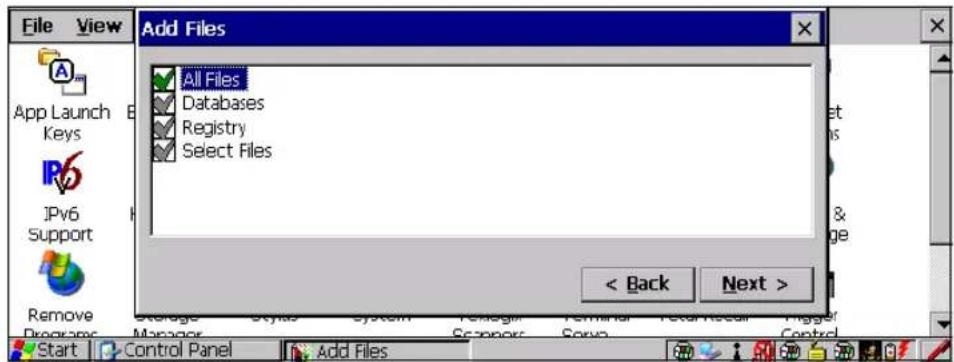 File View Add Files All Files Databases Registry Select Files < Back Next >