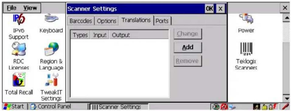 File View Scanner Settings Barcodes Options Translations Ports IPv6 Keyboard Support RDC Region & Licenses Language Total Recall TweakIT Settings Types Input Output Change Add Remove Power Teklogix Scanners Start Control Panel Scanner Settings