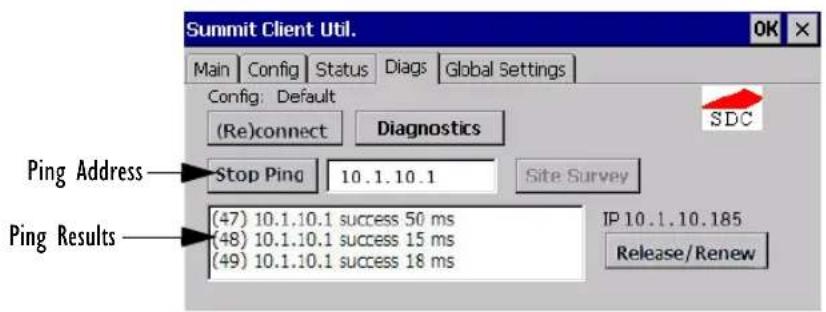 Summit Client Util. OK Main Config Status Diags Global Settings Config: Default (Re)connect Diagnostics SDC Ping Address Stop Ping 10.1.10.1 Site Survey (47) 10.1.10.1 success 50 ms (48) 10.1.10.1 success 15 ms (49) 10.1.10.1 success 18 ms IP 10.1.10.185 Release/Renew Ping Results
