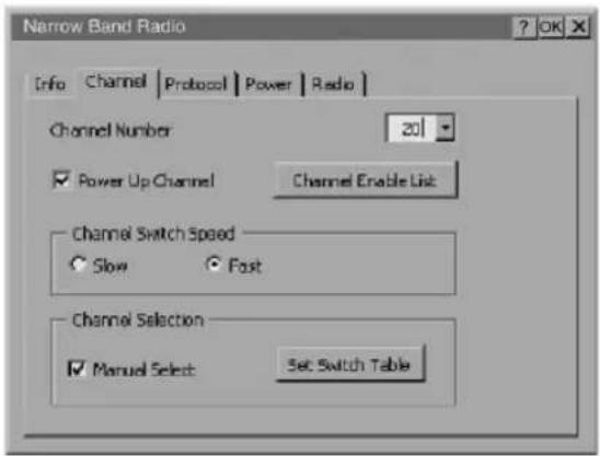 Narrow Band Radio Info Channel Protocol Power Radio Channel Number 20 Power Up Channel Channel Enable List Channel Switch Speed Slow Fast Channel Selection Manual Select Set Switch Table