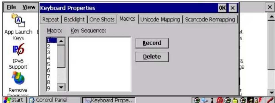File View Keyboard Properties OK Repeat Backlight.One Shots Macros Unicode Mapping Scancode Remapping Macro: Key Sequence: Record Delete Start Cancel Panel Keyboard Prope...