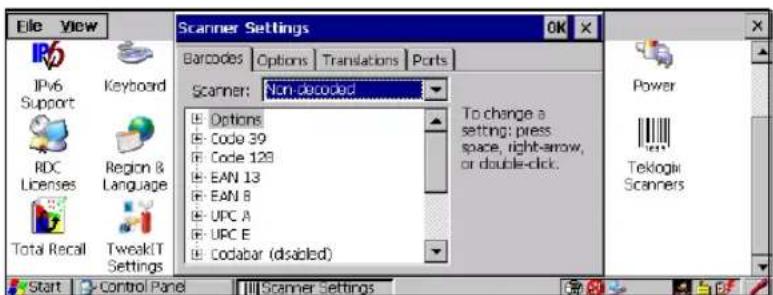 File View Scanner Settings Barcodes Options Translations Ports IPv6 Keyboard RDC Region & Language Total Recall TweakIT Settings Scanner: Non-decoded Options Code 39 Code 128 EAN 13 EAN B UPC A UPC E Codabar (disabled) To change a setting; press space, right-arrow, or double-click. Power Teklogix Scanners Start Control Panel Scanner Settings