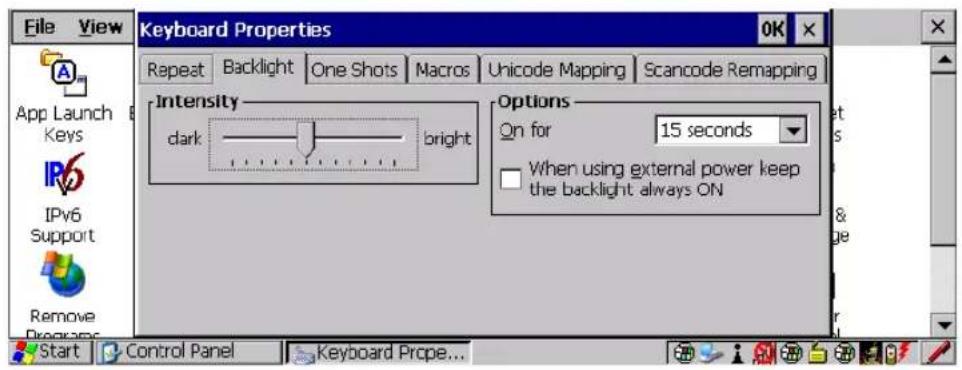 File View Keyboard Properties OK Repeat Backlight One Shots Macros Unicode Mapping Scancode Remapping App Launch Keys IPv6 Support Remove Programs Intensity dark bright Options On for 15 seconds When using external power keep the backlight always ON Start Control Panel Keyboard Prope...