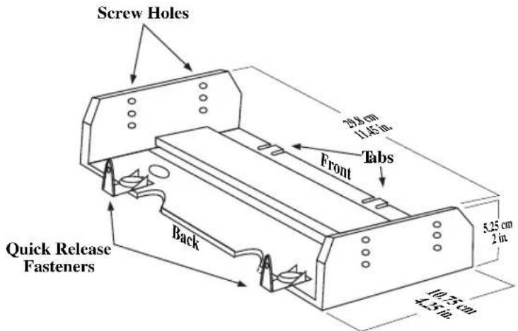 Screw Holes 20.8 cm 11.45 in. Front Tabs Quick Release Fasteners Back 5.35 cm 2 in. 10.75 cm 4.35 in.