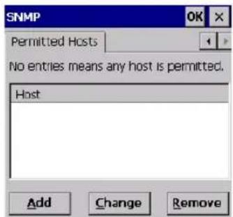 SNMP OK × Permitted Hosts No entries means any host is permitted. Host Add Change Remove