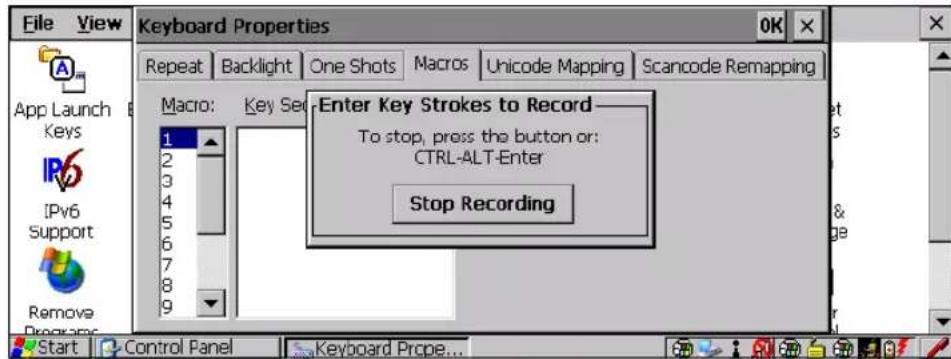 Keyboard Properties Repeat Backlight One Shots Macros Unicode Mapping Scancode Remapping Macro: Key Set Enter Key Strokes to Record——— To stop, press the button or: CTRL-ALT-Enter Stop Recording 1 2 3 4 5 6 7 8 9 Start Control Panel Keyboard Prope...