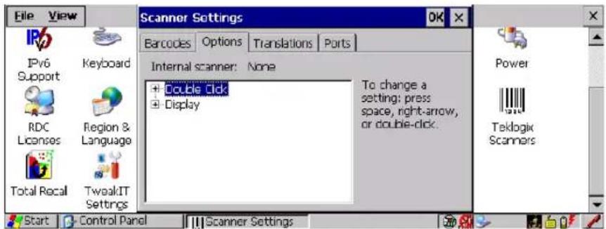 File View Scanner Settings Barcodes Options Translations Ports IPv6 Support Keyboard RDC Licenses Region & Language Total Recall TweakIT Settings Internal scanner: None + Double Click + Display To change a setting: press space, right-arrow, or double-click. Power Teklogic Scanners Start Control Panel Scanner Settings