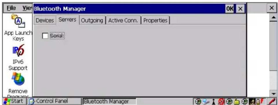 File View Bluetooth Manager OK Devices Servers Outgoing Active Conn. Properties Serial: Start Control Panel Bluetooth Manager