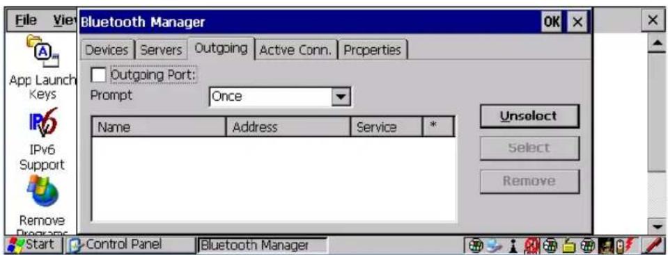 File View Bluetooth Manager OK Devices Servers Outgoing Active Conn. Properties Outgoing Port: Prompt Once Name Address Service * Unselect Select Remove Start Control Panel Bluetooth Manager