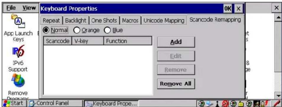 File View Keyboard Properties OK Repeat Backlight One Shots Macros Unicode Mapping Scancode Remapping App Launch Keys IPv6 Support Remove Programs Normal Orange Blue Scancode V-key Function Add Edit Remove Remove All Start Control Panel Keyboard Prope...
