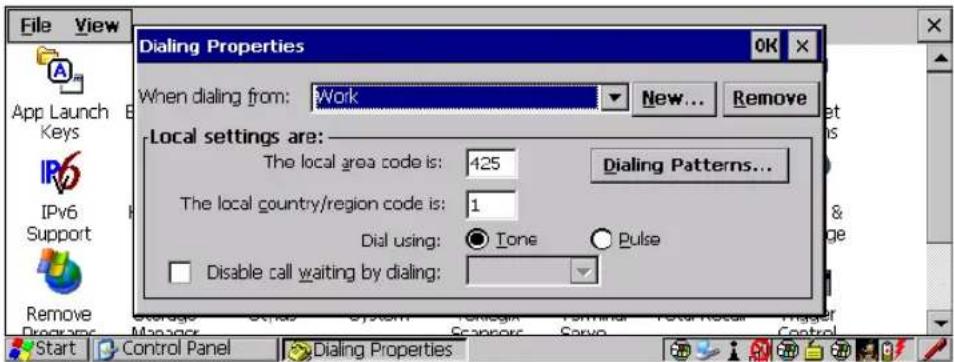 File View App Launch B Keys IPv6 Support Remove Programs Start Control Panel Dialing Properties When dialing from: Work New... Remove Local settings are: The local area code is: 425 Dialing Patterns... The local country/region code is: 1 Dial using: Tone Pulse Disable call waiting by dialing:
