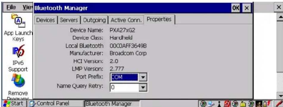 Bluetooth Manager Devices Servers Outgoing Active Conn. Properties Device Name: PXA27xG2 Device Class: Handheld Local Bluetooth 00CDAFF3649B Manufacturer: Broadcom Corp HCI Version: 2.0 LMP Version: 2.777 Port Prefix: COM Name Query Retry: 0 Start Control Panel Bluetooth Manager