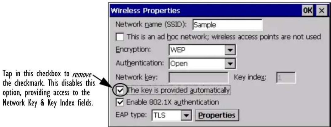 Wireless Properties Network name (SSID): Sample This is an ad hoc network; wireless access points are not used Encryption: WEP Authentication: Open Network key: Key index: 1 The key is provided automatically Enable 802.1X authentication EAP type: TLS Properties