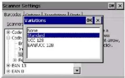 Scaner Settings Barcodes: Options | Transitions | Date | Scaner: Code Code Br In Va Rc EAN 13 EAN B Variations None Standard UCC 128 EAN/UCC 128 OK a ess it-arrow, click.