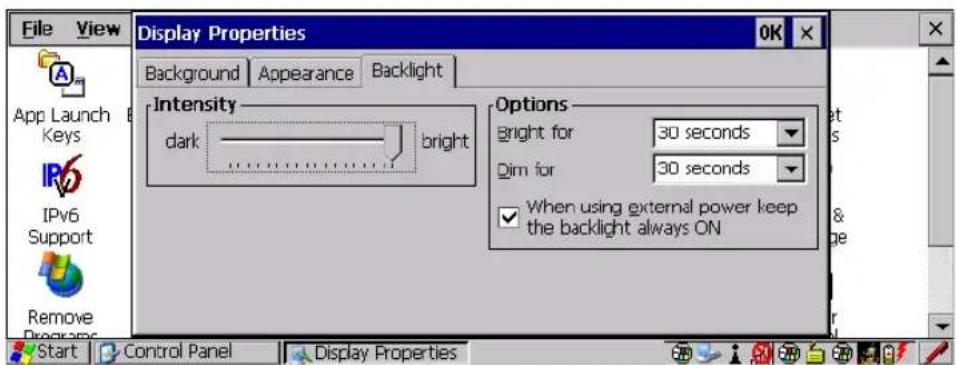 File View Display Properties Background Appearance Backlight App Launch Keys IPv6 Support Remove Programs Intensity dark bright Options Bright for 30 seconds Dim for 30 seconds When using external power keep the backlight always ON Start Control Panel Display Properties