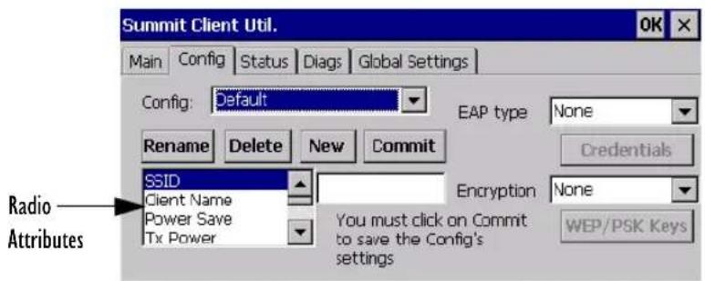 Summit Client Util. Main Config Status Diags Global Settings Config: Default EAP type None Rename Delete New Commit SSID Client Name Power Save Tx Power Encryption None You must click on Commit to save the Config's settings Radio Attributes Credentials WEP/PSK Keys