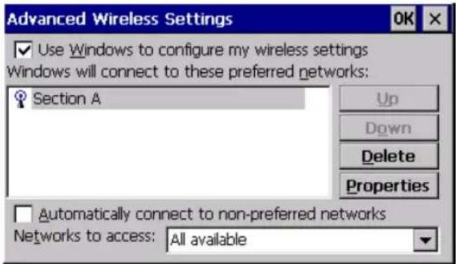 Advanced Wireless Settings Use Windows to configure my wireless settings Windows will connect to these preferred networks: Section A Up Down Delete Properties Automatically connect to non-preferred networks Networks to access: All available