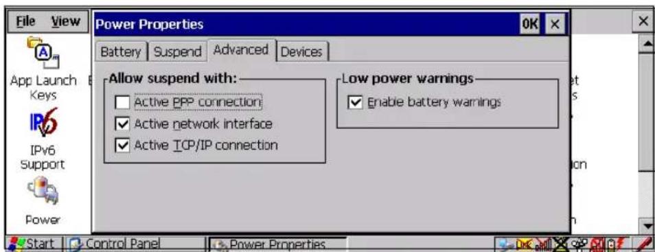 File View Power Properties Battery Suspend Advanced Devices App Launch Keys IPv6 Support Power Allow suspend with: Active PPP connection Active network interface Active TCP/IP connection Low power warnings Enable battery warnings Start Control Panel Power Properties OK
