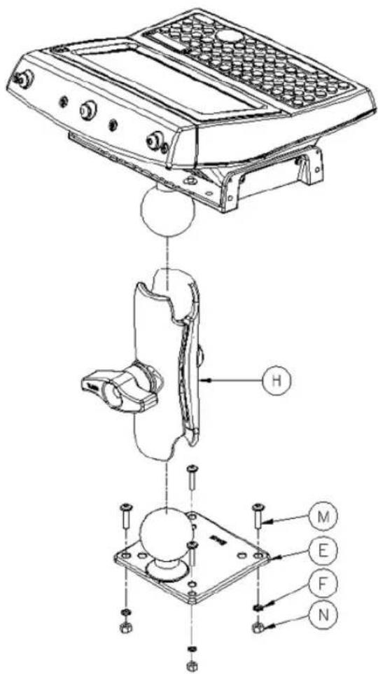 Technical diagram of a device with labeled parts including H, M, E, F, and N, showing exploded view and assembly steps.