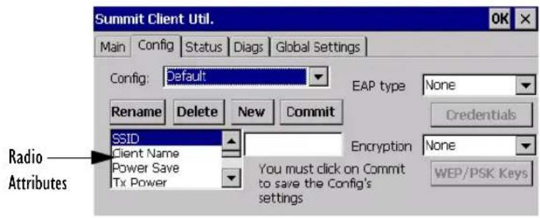 Summit Client Util. Main Config Status Diags Global Settings Config: Default EAP type None Rename Delete New Commit SSID Client Name Power Save Tx Power Encryption None You must click on Commit to save the Config's settings Radio Attributes Credentials WEP/PSK Keys