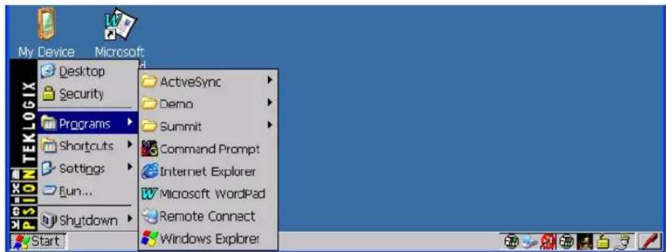 My Device Microsoft Desktop Security Programs Shortcuts Settings Run... Shutdown ActiveSync Demo Summit Command Prompt Internet Explorer Microsoft WordPad Remote Connect Windows Explorer Start