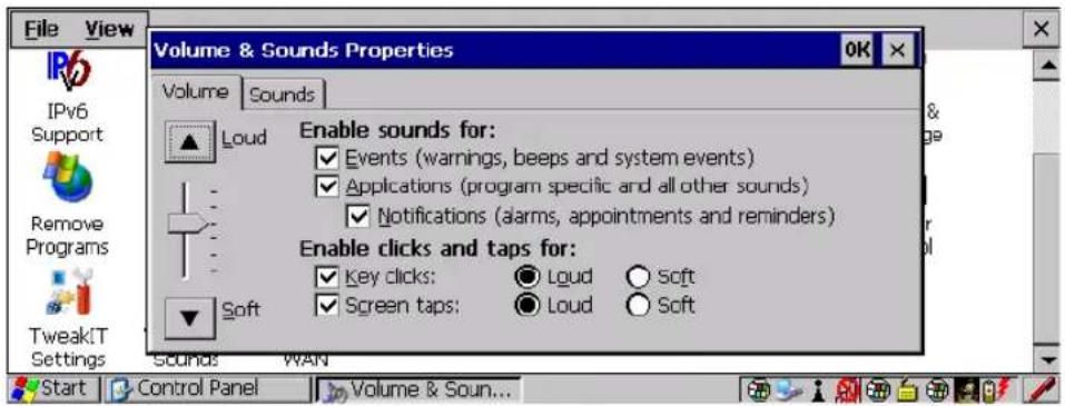 File View Volume & Sounds Properties OK Volume Sound IPv6 Support Remove Programs TweakIT Settings Loud Enable sounds for: Events (warnings, beeps and system events) Applications (program specific and all other sounds) Notifications (alarms, appointments and reminders) Enable clicks and taps for: Key clicks: Loud Soft Screen taps: Loud Soft Sound WAN Start Control Panel Volume & Soun...