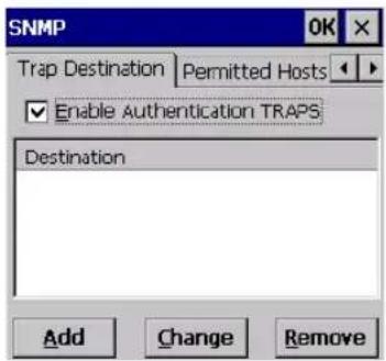 SNMP OK Trap Destination Permitted Hosts Enable Authentication TRAPS Destination Add Change Remove