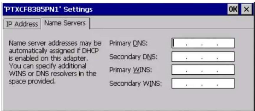 'PTXCF8385PN1' Settings IP Address Name Servers Name server addresses may be automatically assigned if DHCP is enabled on this adapter. You can specify additional WINS or DNS resolvers in the space provided. Primary DNS: . . . Secondary DNS: . . . Primary WINS: . . . Secondary WINS: . . .