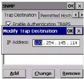 SNMP OK Trap Destination Permitted Hosts ✓ Enable Authentication TRAPS Modify Trap Destination OK IP Address: 120.254.145.114 Add Change Remove