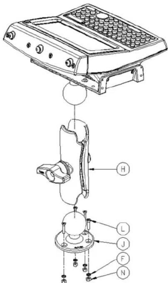 Technical diagram of a mechanical device with labeled parts including H, L, J, F, and N
