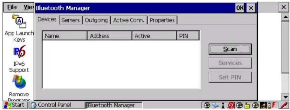 File View Bluetooth Manager OK Devices Servers Outgoing Active Conn. Properties Name Address Active PIN Scan Services Set PIN Start Control Panel Bluetooth Manager