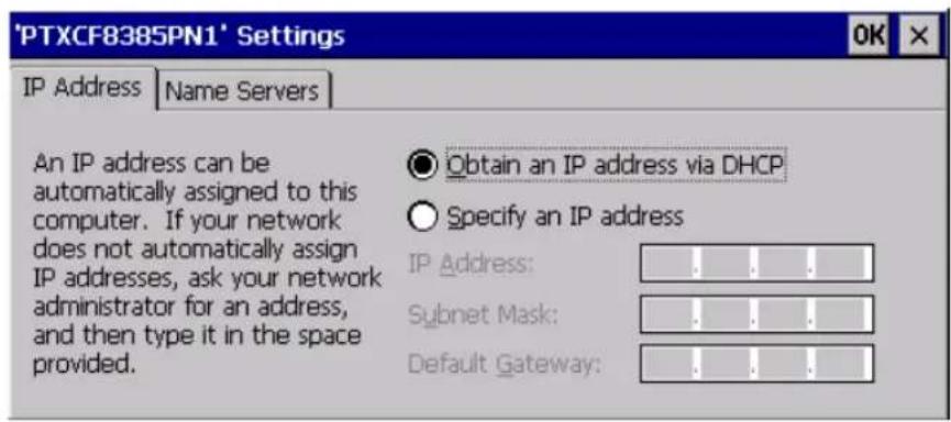 'PTXCF8385PN1' Settings IP Address | Name Servers | An IP address can be automatically assigned to this computer. If your network does not automatically assign IP addresses, ask your network administrator for an address, and then type it in the space provided. Obtain an IP address via DHCP Specify an IP address IP Address: Subnet Mask: Default Gateway: