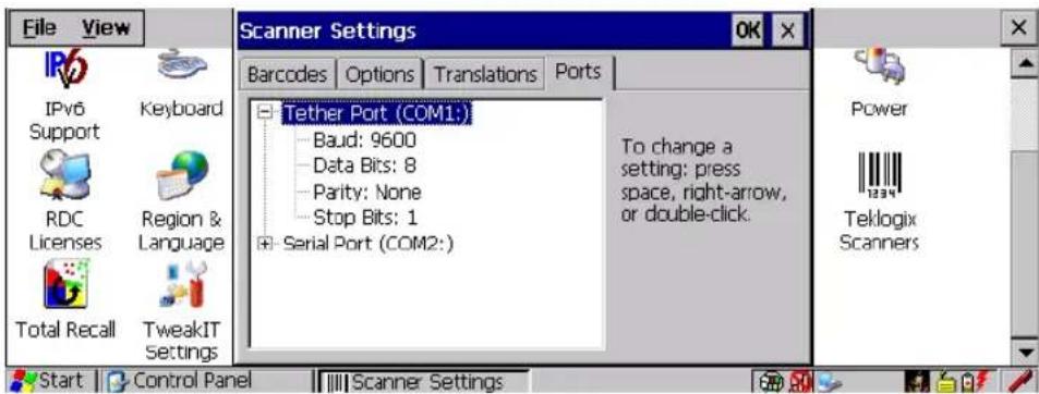 File View Scanner Settings Barcodes Options Translations Ports IPv6 Support Keyboard RDC Licenses Region & Language Total Recall TweakIT Settings Tether Port (COM1:) Baud: 9600 Data Bits: 8 Parity: None Stop Bits: 1 Serial Port (COM2:) To change a setting: press space, right-arrow, or double-click. Power Teklogix Scanners Start Control Panel Scanner Settings