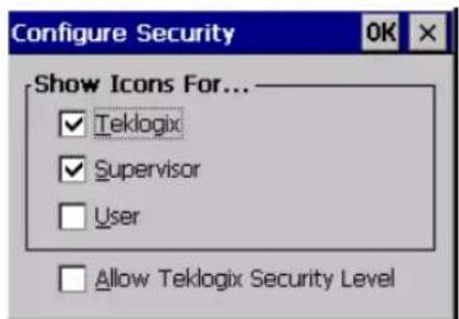 Configure Security Show Icons For... ✓ Teklogix ✓ Supervisor □ User □ Allow Teklogix Security Level