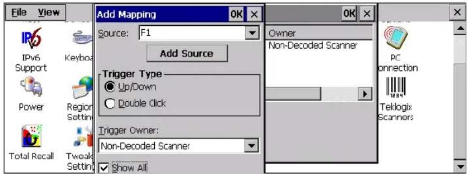 File View Add Mapping OK Source: F1 Add Source Trigger Type Up/Down Double Click Trigger Owner: Non-Decoded Scanner Show All Owner Non-Decoded Scanner PC connection Teklogix Scanners