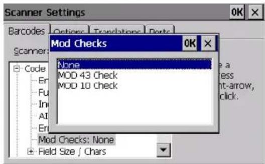 Scanner Settings Barcodes Options Translations Ports Mod Checks None MOD 43 Check MOD 10 Check Code Er Fu In AI Er Mod Checks: None Field Size / Chars