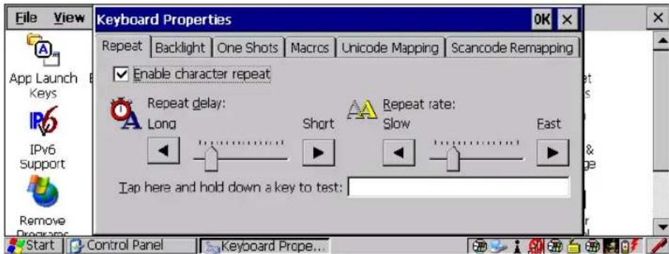 File View Keyboard Properties OK Repeat Backlight One Shots Macros Unicode Mapping Scancode Remapping Enable character repeat Repeat delay: Long Short Repeat rate: Slow East Tap here and hold down a key to test: