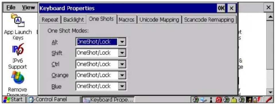 File View Keyboard Properties OK Repeat Backlight One Shots Macros Unicode Mapping Scancode Remapping One Shot Modes: Alt OneShot/Lock Shift OneShot/Lock Ctrl OneShot/Lock Orange OneShot/Lock Blue OneShot/Lock Start Control Panel Keyboard Prope...