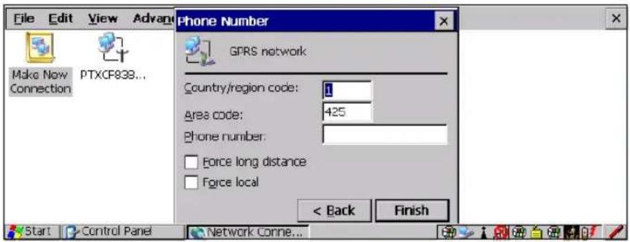 File Edit View Advant Make Now PTXCF839... Connection Phone Number GPRS network Country/region code: 1 Area code: 425 Phone number: Force long distance Force local < Back Finish Start Control Panel Network Conne...