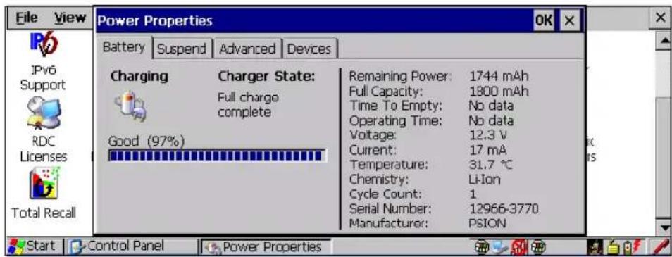 File View Power Properties Battery | Suspend | Advanced | Devices | Charging Charger State: Full charge complete Good (97%) Remaining Power: 1744 mAh Full Capacity: 1800 mAh Time To Empty: No data Operating Time: No data Voltage: 12.3 V Current: 17 mA Temperature: 31.7 °C Chemistry: Li-Ion Cycle Count: 1 Serial Number: 12966-3770 Manufacturer: PSION Start Control Panel Power Properties