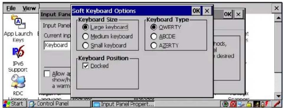File View Input Panel App Launch Keys IPv6 Support RDC Input Panel Current inp Keyboard Allow ap show/h a warm Soft Keyboard Options Keyboard Size Large keyboard Medium keyboard Small keyboard Keyboard Type QWERTY ABCDE AZERTY Keyboard Position Docked Start Control Panel Input Panel Propert...