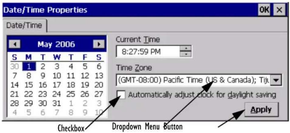 Date/Time Properties Date/Time May 2006 S M T W T F S 30 1 2 3 4 5 6 7 8 9 10 11 12 13 14 15 16 17 18 19 20 21 22 23 24 25 26 27 28 29 30 31 1 2 3 4 5 6 7 8 9 10 Current Time 8:27:59 PM Time Zone (GMT-08:00) Pacific Time (US & Canada); Tiju Automatically adjust clock for daylight saving Apply Checkbox Dropdown Menu Button