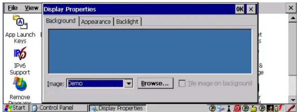 File View Display Properties Background Appearance Backlight App Launch Keys IPv6 Support Remove Programs Image: Demo Browse... Tile image on background Start Control Panel Display Properties