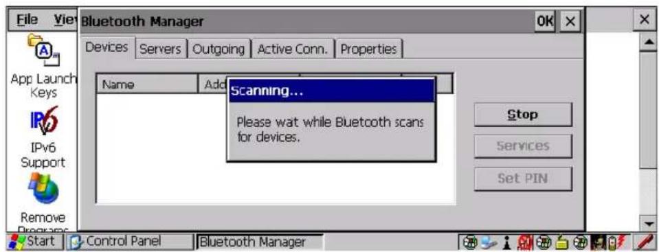 File View Bluetooth Manager Devices Servers Outgoing Active Conn. Properties Name Add Scanning... Please wait while Bluetooth scans for devices. Stop Services Set PIN Start Control Panel Bluetooth Manager