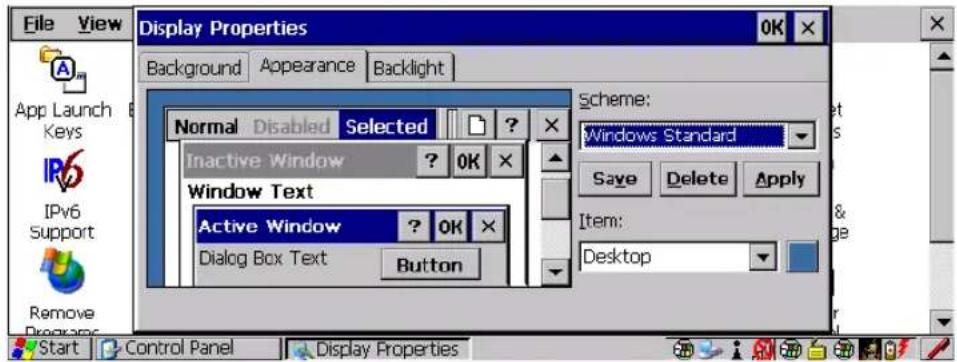 File View Display Properties Background Appearance Backlight App Launch Keys IPv6 Support Remove Programs Normal Disabled Selected Inactive Window ? OK Window Text Active Window ? OK Dialog Box Text Button Scheme: Windows Standard Save Delete Apply Item: Desktop Start Control Panel Display Properties