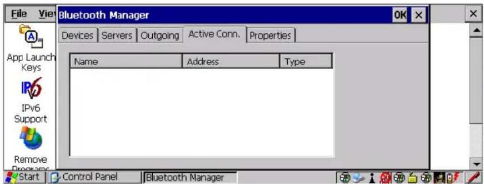 File View Bluetooth Manager OK Devices Servers Outgoing Active Conn. Properties Name Address Type Start Control Panel Bluetooth Manager