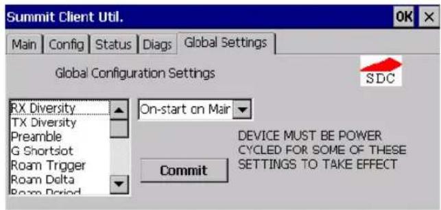 Summit Client Util. Main Config Status Diags Global Settings Global Configuration Settings RX Diversity TX Diversity Preamble G Shortsot Roam Trigger Roam Delta Roam Period On-start on Main Commit DEVICE MUST BE POWER CYCLED FOR SOME OF THESE SETTINGS TO TAKE EFFECT