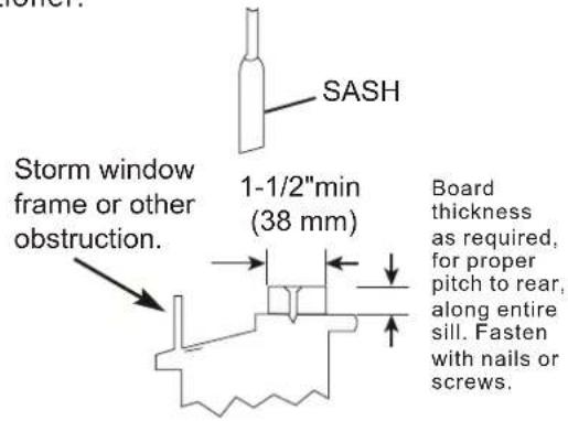 SASH Storm window frame or other obstruction. 1-1/2"min (38 mm) Board thickness as required, for proper pitch to rear, along entire sill. Fasten with nails or screws.